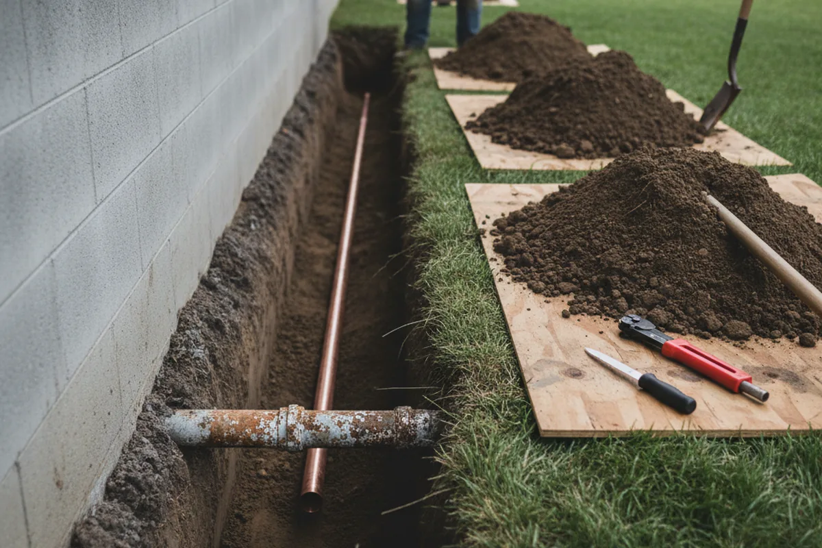 Excavated water line trench during Water Heater Repair in Spraggs